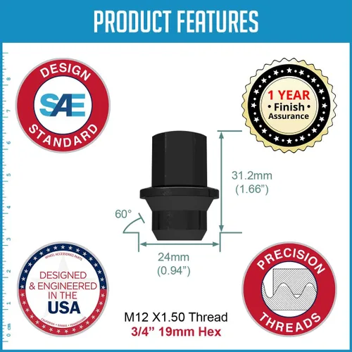 Miniatura 5 de Wheel Accessories Parts 20 tuercas hexagonales de rosca M12x1.5 de 12 x 1.5 pulgadas, estilo OEM, 1.66 pulgadas de largo, color negro, 3/4