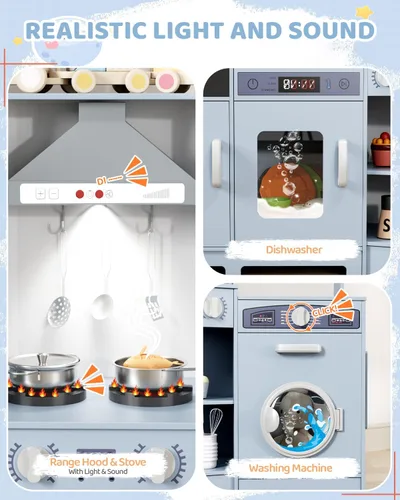 Miniatura 4 de MAMIZO Cocina de Esquina de Madera de Juego, Gran Set de Juego de Cocina Interactivo Definitivo para Niños Pequeños de Simulación con Pizarra, Azul