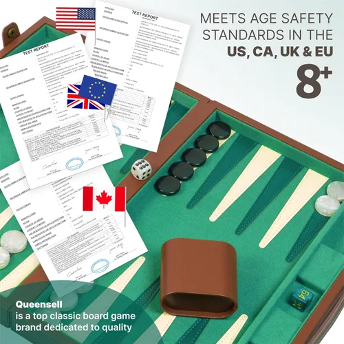 Miniatura 8 de Juego de backgammon premium de 15 pulgadas para adultos – Tablero clásico de backgammon de gamuza sintética con 32 fichas, vasos para dados y cubo