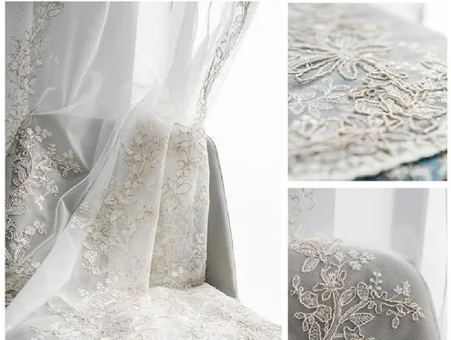 Miniatura 6 de Amidoudou 1 par de cortinas de tul bordadas de lujo para sala de estar, boda, cortinas transparentes con flores doradas 3D (blanco, 51 x 84 pulgadas)