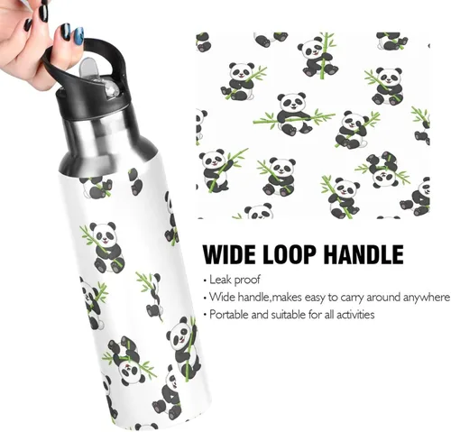Miniatura 4 de BPA-Free Sport Water Bottle Insulated 20 Oz, Insulated Stainless Steel Water Bottle with Straw for Gym Outdoor Travel School, Cute Cartoon Pandas