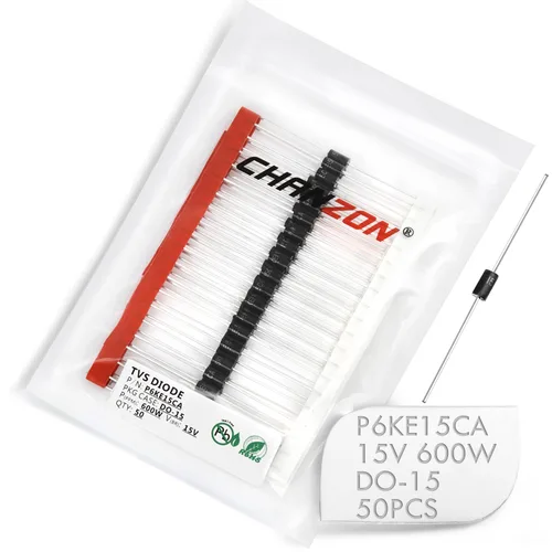 Paquete de 50 unidades Chanzon TVS Diodos P6KE15CA 600W 15V DO-15 (DO-204AC) Canal axial bidireccional 600 vatios 15 voltios