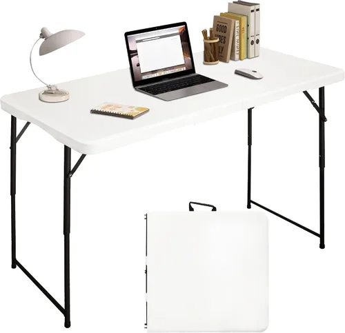 Miniatura 10 de Bblife Mesa portátil plegable para eventos de 4 pies, mesa de camping de plástico con 2 alturas ajustables, mesa de utilidad resistente para Blanco