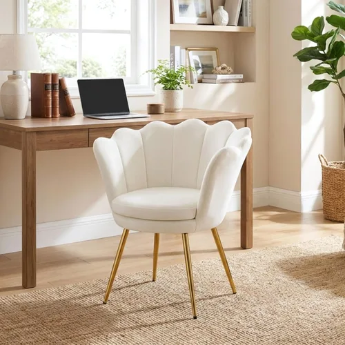 Miniatura 8 de chairus Silla de tocador de maquillaje blanca crema con respaldo, pequeña silla moderna tapizada de terciopelo con patas de metal dorado, bonita