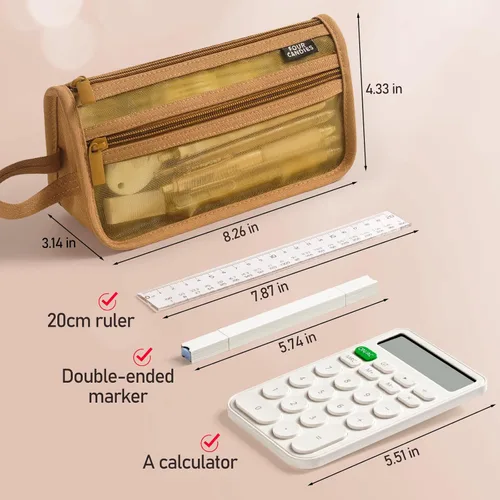 Miniatura 5 de Four Candies - Estuche de malla con asa y cremallera, de doble capa para lápices, maquillaje de viaje, bonita bolsa organizadora de papelería, Marrón