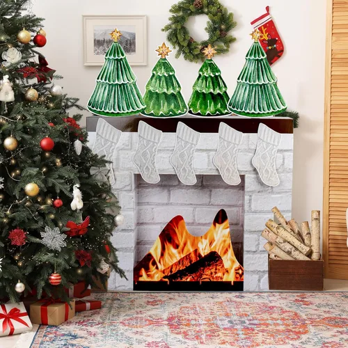 Miniatura 4 de Chimenea de cartón de Navidad para chimenea, chimenea falsa con calcetín 3D para decoración de fondo de fiesta de Navidad, 27 x 23 x 3.5 pulgadas