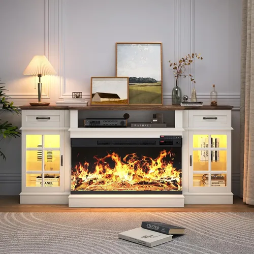 Miniatura 8 de MXV Soporte de TV con chimenea de 70 pulgadas, chimenea de vidrio de 3 lados y centro de entretenimiento moderno, consola multimedia de madera