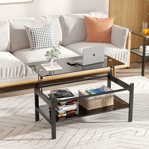 Meihua Mesa de Centro de Cristal con Tapa Elevable con Compartimento de Almacenamiento y Estantes Abiertos Separados, Tapa de Mesa Elevable para