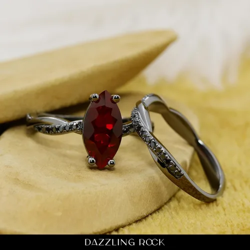 Miniatura 3 de Dazzlingrock Collection Juego de anillos nupciales de diamantes negros redondos y piedras preciosas marquesas creadas en laboratorio de 0.472 x