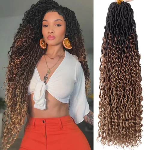 Miniatura 40 de COOKOO 14 pulgadas, 8 piezas de cabello de ganchillo Goddess Locs en total 112 hebras de pelo sintético negro natural de ganchillo de río hippie