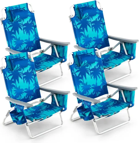 Miniatura 13 de Goplus Silla de playa, mochila plegable para adultos, sillas de playa con posiciones ajustables, almohada para la cabeza, bolsa refrigeradora
