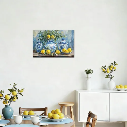 Miniatura 3 de SWQYLB Arte de pared de limón para cocina, cuadro vintage de frutas cítricas, impresiones en lienzo amarillo limón con cerámica azul, pintura