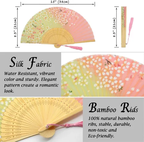 Miniatura 2 de OMyTea abanico plegable de mano para mujer - abanico de bambú y seda vintage chino/japonés plegable - para sofocos, iglesia, EDM, festival