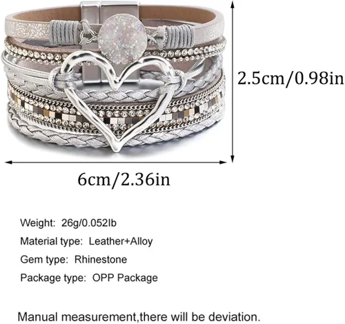 Miniatura 3 de Caiyao Pulsera de cuero para mujer, pulsera de cuentas con decoración en forma de corazón, pulsera de cristal bohemio con cierre magnético, pulsera