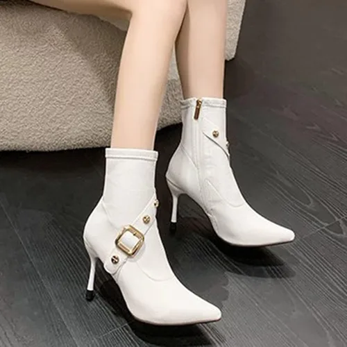 Miniatura 4 de Botas de tobillo para mujer, de moda, punta puntiaguda, botas de aguja de negocios, casuales, de tacón alto, con cremallera lateral, botines