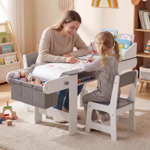 Miniatura 2 de Costzon Mesa y silla de arte para niños, mesa de madera para manualidades con rollo de papel y contenedores de tela para dibujar, leer, estudiar