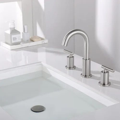 Miniatura 5 de Grifo de baño extendido con desagüe de lavabo y manguera de suministro, grifo de níquel cepillado de 3 orificios para lavabo de baño, grifo de baño