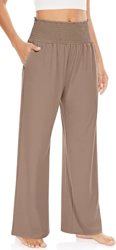 Miniatura 2 de UEU Pantalones de cintura alta con volantes fruncidos y pierna ancha para mujer, estilo casual, holgados, pantalones de yoga con bolsillos