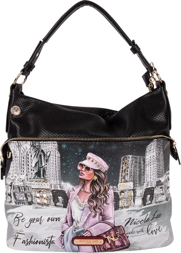 Nicole Lee Sara is - Bolso de hombro grande suave pero fuerte, bolso de mano con tachuelas con adornos de diamantes negros con correa cruzada