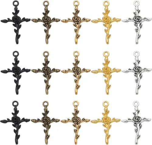 SUNNYCLUE 1 caja de 50 dijes de cruz estilo tibetano plata antigua bronce rosa cruz encanto a granel Pascua vacaciones cruz crucifijo forma pequeños