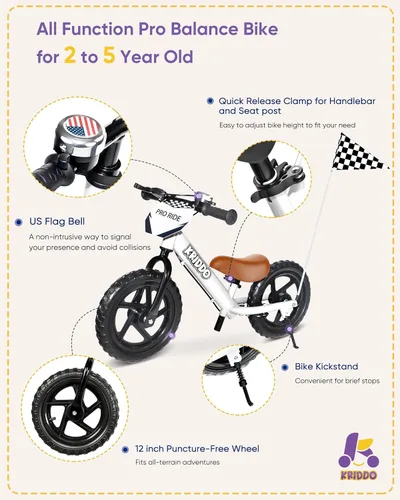 Miniatura 7 de KRIDDO Bicicleta de Equilibrio Pro para Niños Pequeños de 2+ Años con Freno de Mano y Pata de Cabra, Bicicleta de Empuje de 12 Pulgadas, Bicicleta