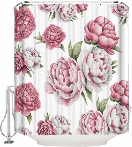 Cortinas de ducha de tela de poliéster duradera con diseño floral rosa vintage para baño, diseño floral rosa y blanco, juego de cortinas