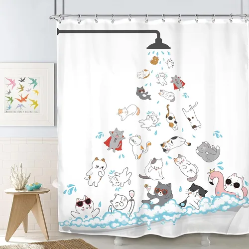 SVBright - Cortina de regadera con diseño de gato para niños, 60 pulgadas de ancho x 72 pulgadas de largo, diseño de animales de dibujos animados,