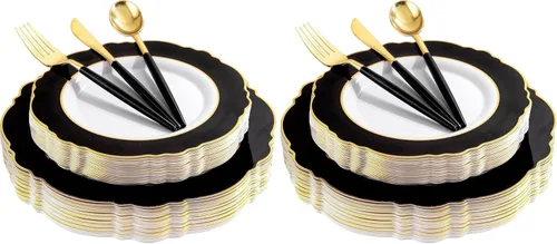 Miniatura 16 de WDF - Vajilla de plástico desechable para 30 invitados platos color oro y cubiertos color oro con mango blanco - Vajilla de plástico barroco blanco