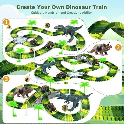 Miniatura 4 de Juguetes de dinosaurio para niños de 3 a 5 años, juego de pista de tren flexible que brilla en la oscuridad, 2 autos de dinosaurio para niños
