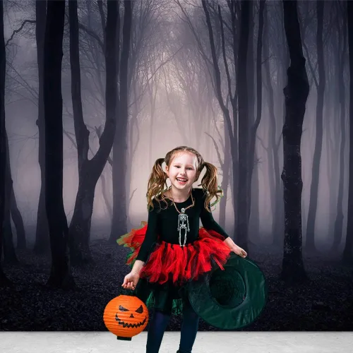 Miniatura 4 de Telón de fondo de bosque oscuro brumoso de 7 x 5 pies para decoración de fiesta de Halloween, noche de Halloween, fondo de fotografía de bruja