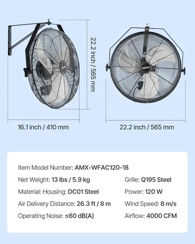 Miniatura 7 de VEVOR Ventilador industrial de montaje en pared de 18 pulgadas, alta velocidad 4000 CFM con 3 velocidades, potente ventilador de pared de garaje