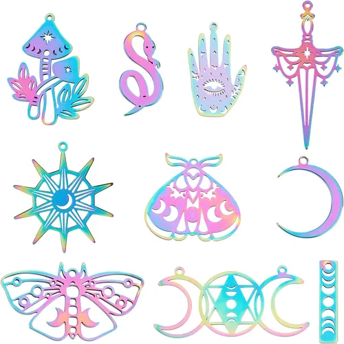 Miniatura 9 de SUNNYCLUE 1 caja de 20 dijes estilo tarot árbol de la vida de la fase lunar de acero inoxidable con diseño de luna creciente ojo de serpiente