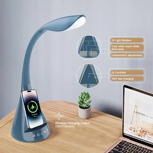 Miniatura 3 de Lámpara de escritorio LED con control táctil y cuello de cisne de 360 grados, 9 modos de iluminación con 5 colores RGB para luz de lectura de Azul