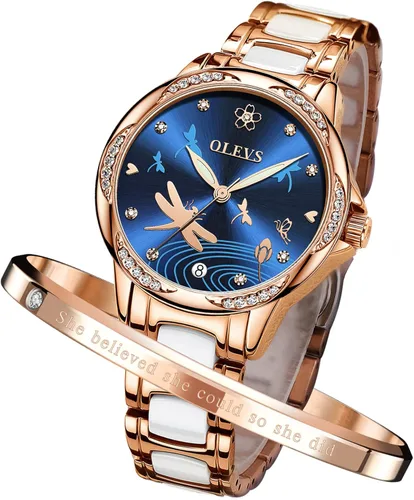Miniatura 8 de OLEVS Relojes para mujer, de cuerda automática, oro rosa, diamante, reloj de pulsera mecánico automático, acero inoxidable, dos tonos, pulsera