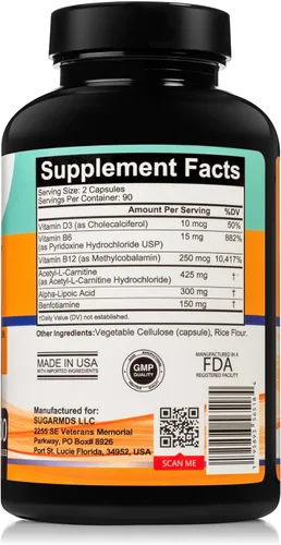 Miniatura 2 de SugarMD Suplemento de apoyo a la neuropatía – 180 cápsulas de suplemento nervioso con ácido alfa lipoico, benfotiamina y vitamina D3 B6 B12