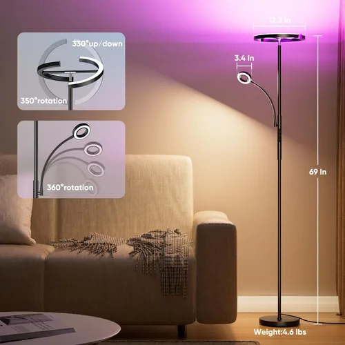 Miniatura 2 de SIBRILLE Lámpara de pie RGBCW mejorada de 36 W con anillo de lectura, lámpara de pie LED giratoria con control remoto, luz de pie regulable, luz