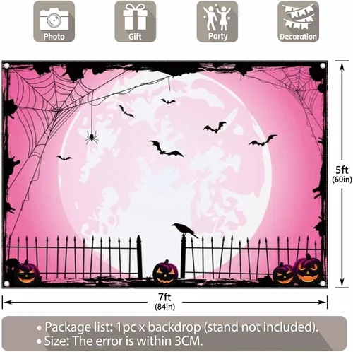 Miniatura 3 de Fondo de fotos de Halloween rosa de 7 x 5 pies para fiestas, parche de calabaza grande, imagen de luna, fondo de fotografía de bruja para niños