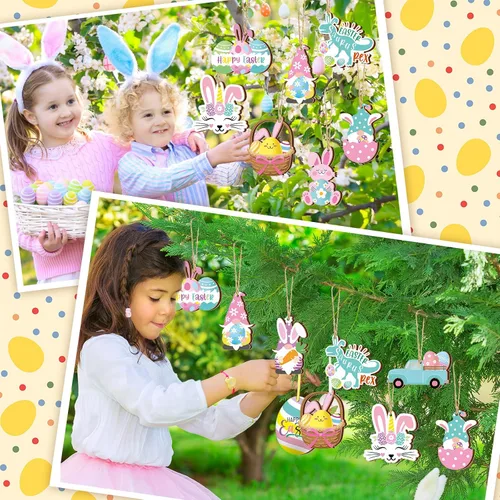 Miniatura 6 de Chunful 30 adornos de Pascua para árbol, feliz Pascua, adornos colgantes de madera, huevos de primavera pastel, zanahoria, conejo, cesta de árbol