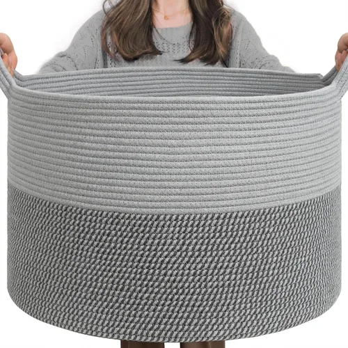 Miniatura 18 de INDRESSME Cesta de Cuerda de Algodón XXXLarge 21.7" x 21.7" x 13.8" Cestas Tejidas para Ropa de Bebé Cestas de Mantas Cesta de Juguetes con Textura