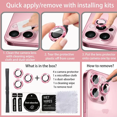 Miniatura 7 de Compatible con iPhone 12 Pro Max, protector de lente de cámara rosa, Apple iPhone 12 Pro Max, protector de lente con purpurina, accesorios