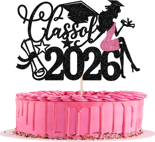 Miniatura 30 de 1 paquete de decoración para tarta de graduación para niña, con purpurina, para diploma, decoración para adultos mayores 2026, para niñas, escuela