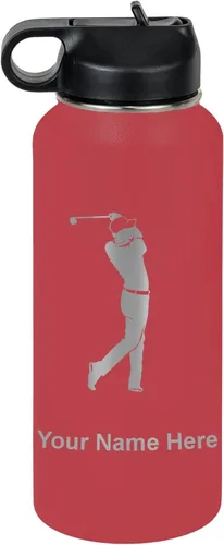 Miniatura 37 de LaserGram Botella de agua personalizada, golfista de golf, acero inoxidable de doble pared aislada al vacío con popote superior, regalo grabado Negro