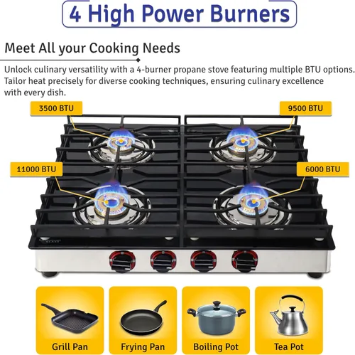 Miniatura 3 de Estufa de gas de 4 quemadores – Estufa de encimera de vidrio templado negro de 25 pulgadas, estufa de gas inoxidable, 4 quemadores, estufa de rv
