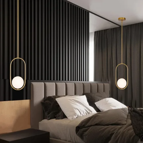 Miniatura 6 de SeeU Iluminación colgante moderna dorada con globo, lámpara colgante de un foco estilo siglo medio, lámpara colgante de longitud ajustable