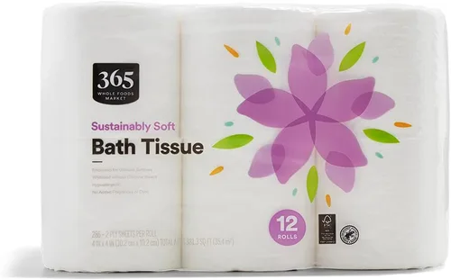 365 por Whole Foods Market, Papel higiénico de baño suave y sostenible, hipoalergénico, 286 hojas por rollo, 12 unidades