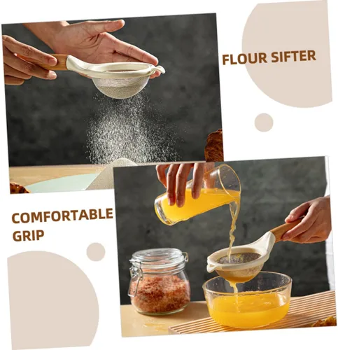 Miniatura 5 de Tamiz de harina de malla fina con mango de madera, pequeño tamiz de acero inoxidable para hornear azúcar en polvo, sal de cacao, filtro de cocina