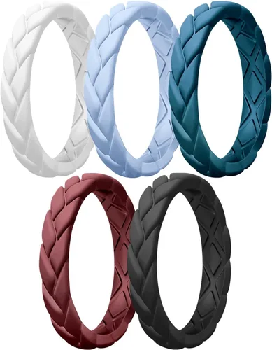 Miniatura 39 de Egnaro Anillos de boda de silicona para ella, conjuntos de novia de goma para mujer, bandas finas, diseño trenzado de hojas apilables con ranuras