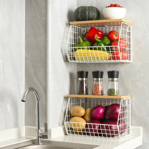 Miniatura 2 de Mefirt Cesta de frutas, frutero de 2 niveles para encimera de cocina, almacenamiento de frutas apilable montado en la pared, organizador de Marrón