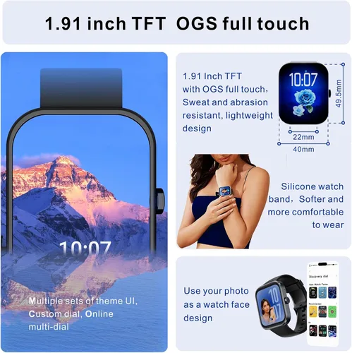 Miniatura 2 de BLUELOVER Reloj inteligente para hombre y mujer, 1.9 pulgadas, reloj deportivo para mujer, con llamadas y mensajes/frecuencia cardíaca/ciclo