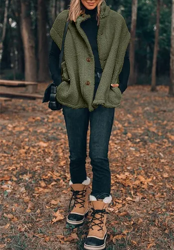 Miniatura 29 de Hongqizo - Chaleco de forro polar mullido para mujer, casual, de gran tamaño, cálido, con botones, chaqueta de sherpa con bolsillos